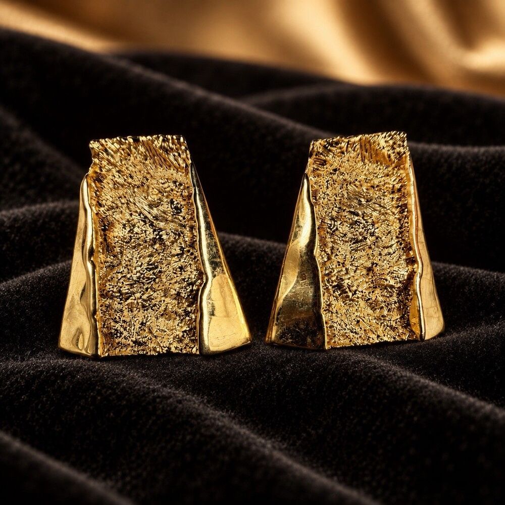 Vintage 1980s Gold Tone Textured Geometric Statement Pierced Earrings